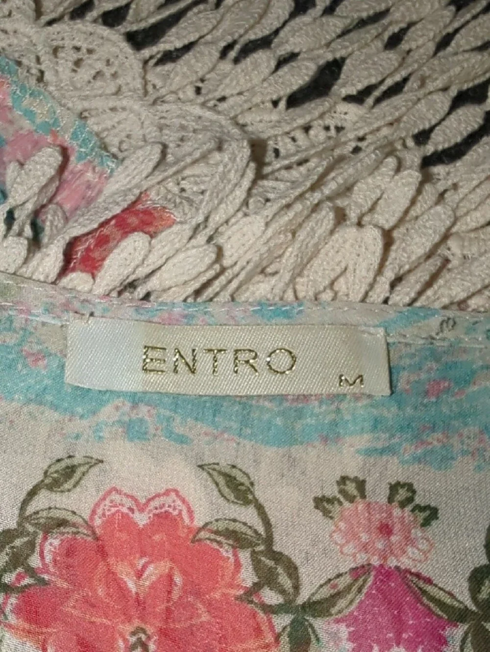 ENTRO Cream Floral Fringe Kimono with Pink & Teal Accents